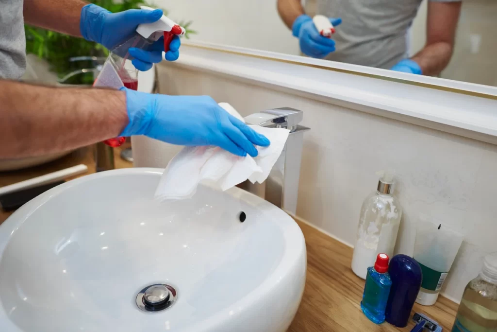 Homem limpando a pia do banheiro