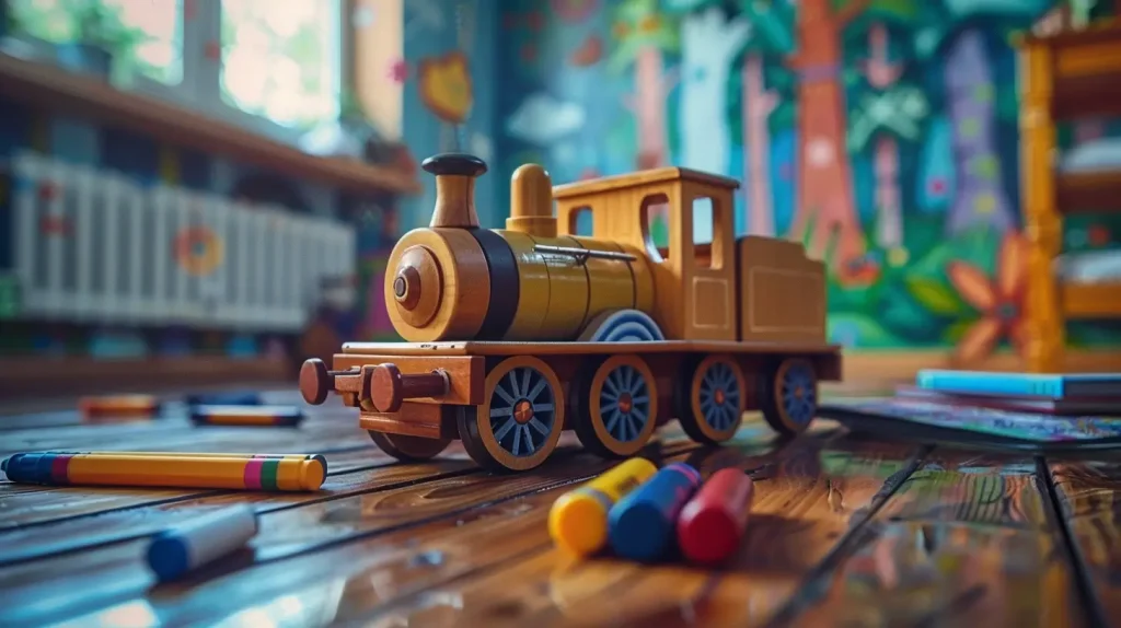 trenzinho de madeira em quarto de brinquedo