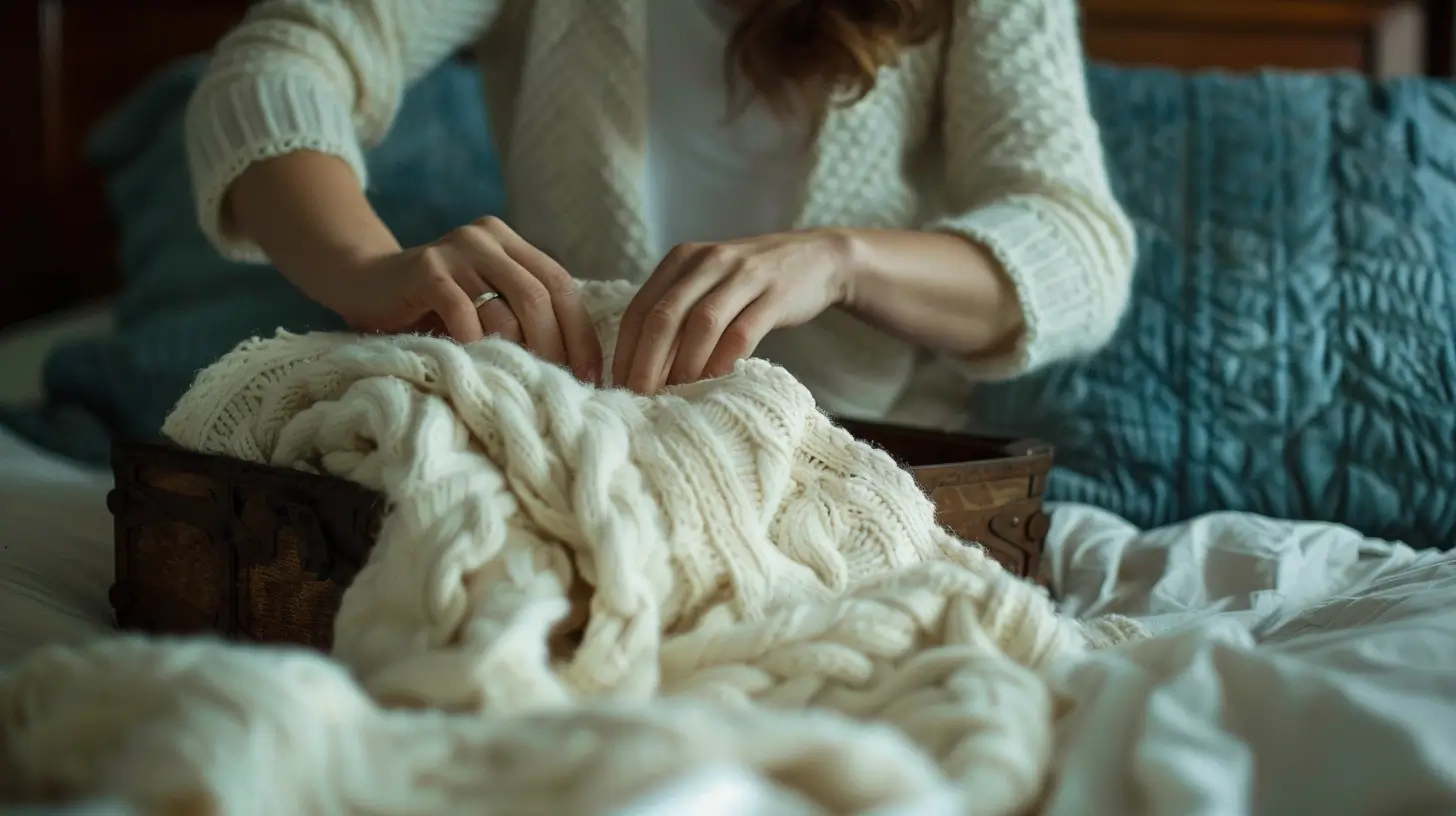 Mulher guardando peça de tricô em baú de madeira