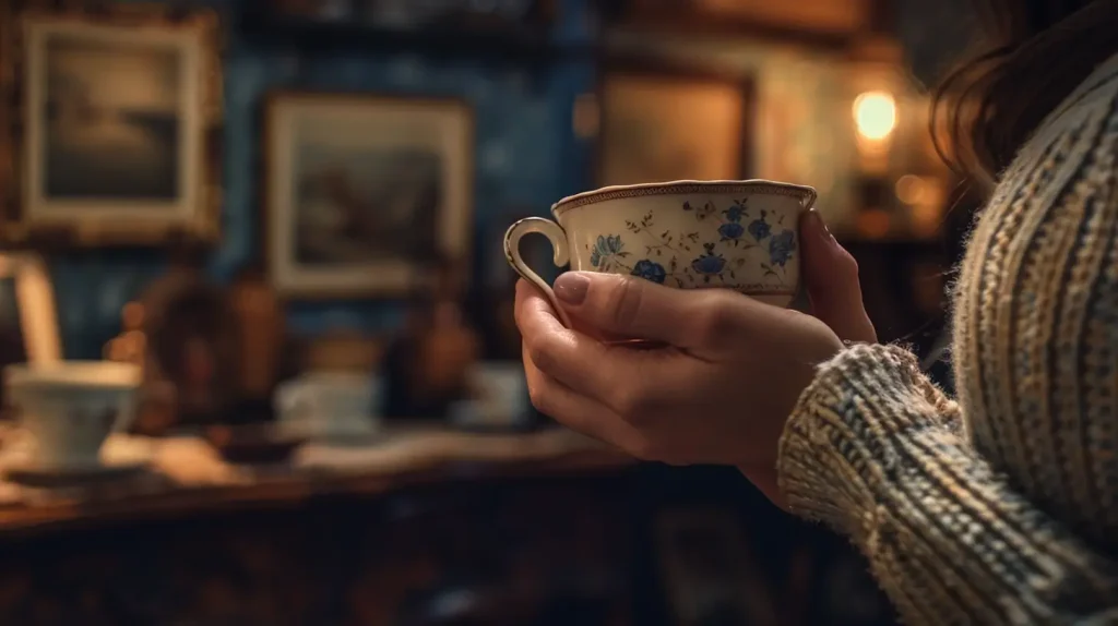 Mulher segurando xícara de porcelana 