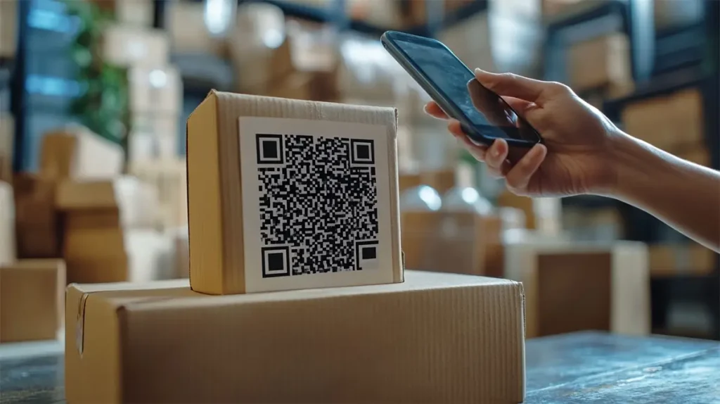 Caixa de mudança com uma imagem QR code e uma mulher apontando a câmera do celular para o QR