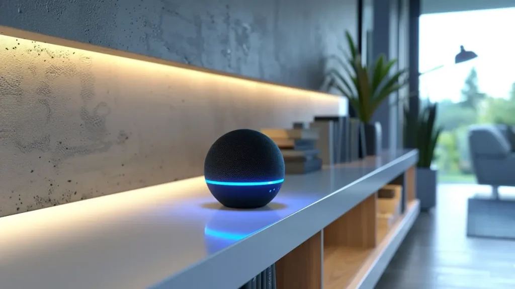 Imagem de uma sala com uma Alexa em destaque