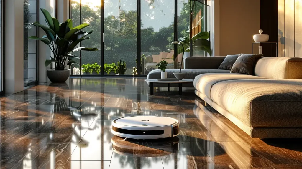 Sala de estar com um aspirador robô limpando o chão
