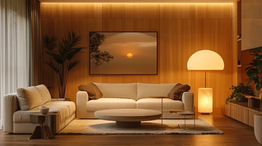 Sala de estar iluminada com um abajur