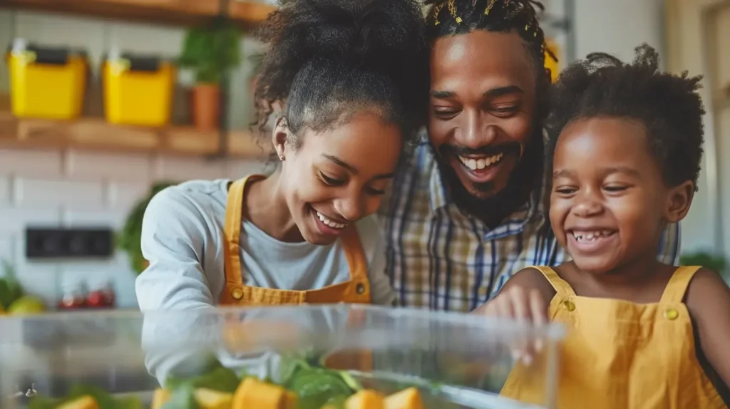 Família sorrindo e se divertindo juntos na cozinha, com aventais, preparando uma refeição saudável.