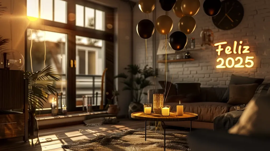 Decoração de Ano Novo com balões, velas e luz neon "Feliz 2025", criando ambiente festivo.