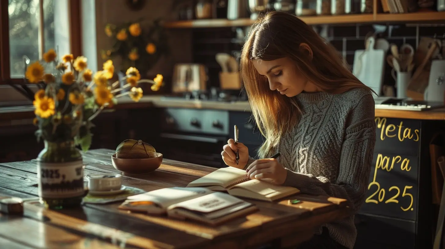 Jovem escrevendo metas para 2025 em uma cozinha aconchegante, iluminada por luz suave.