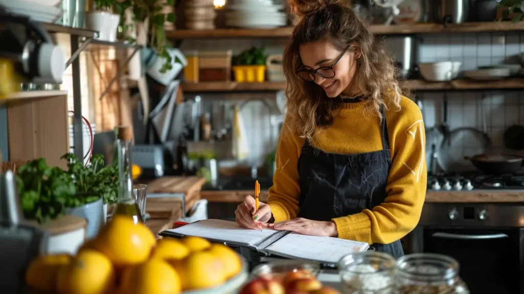 Mulher sorrindo enquanto escreve em um planejador, em uma cozinha iluminada e acolhedora.