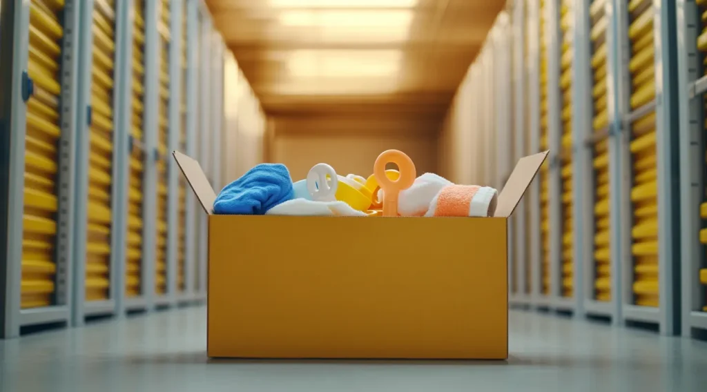 Caixa de mudança com item de bebê dentro em um ambiente de self storage
