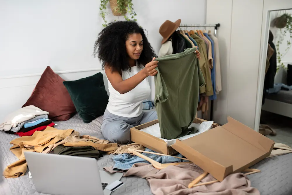 Mulher organizando roupas em seu quarto