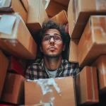 Homem cercado por caixas de papelão empilhadas em um espaço apertado, com expressão de sobrecarga, representando estoque de loja armazenado em casa.