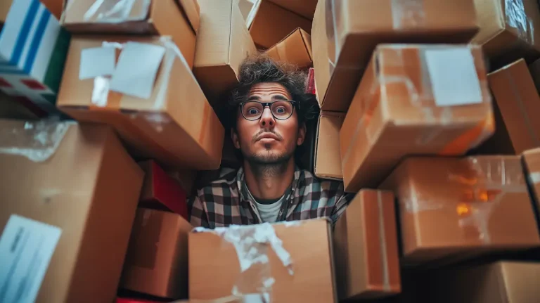 Homem cercado por caixas de papelão empilhadas em um espaço apertado, com expressão de sobrecarga, representando estoque de loja armazenado em casa.