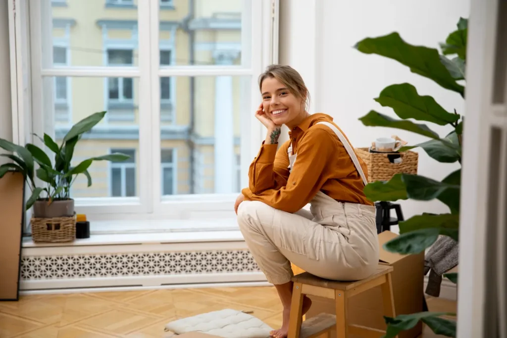 Apartamento sofisticado e compacto com poucos móveis, plantas e caixas organizadas ao lado