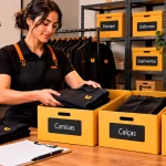 Funcionária responsável organizando uniformes em caixas identificadas - Guardeaju