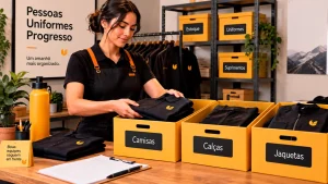Funcionária responsável organizando uniformes em caixas identificadas - Guardeaju