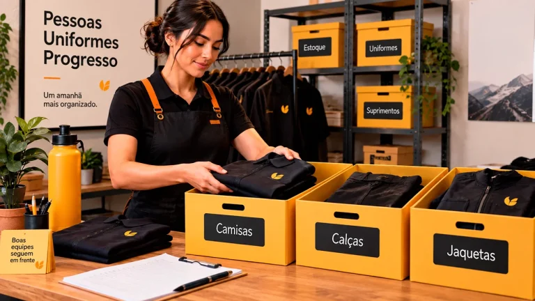 Funcionária responsável organizando uniformes em caixas identificadas - Guardeaju