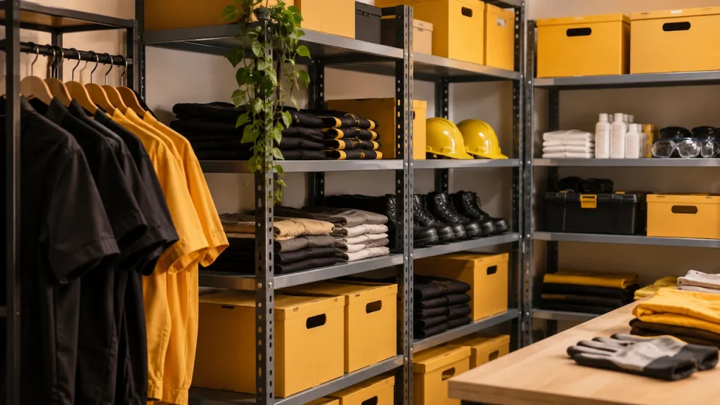 Uniformes, caixas e materiais corporativos organizados em prateleiras - Guardeaju