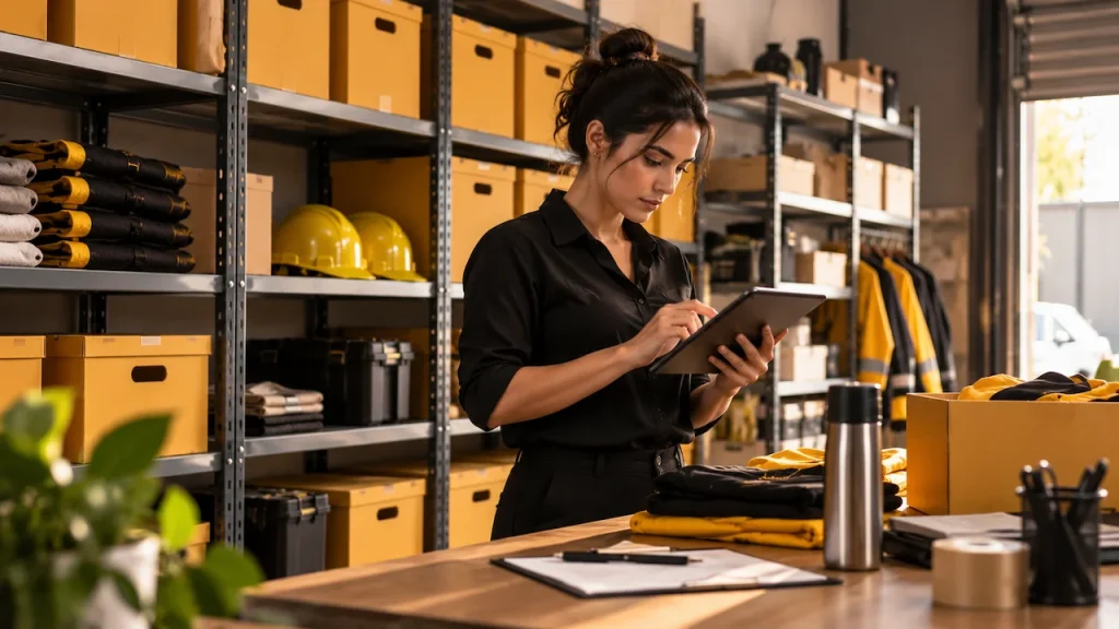 Gestora conferindo materiais e caixas com uma prancheta ou tablet- Guardeaju
