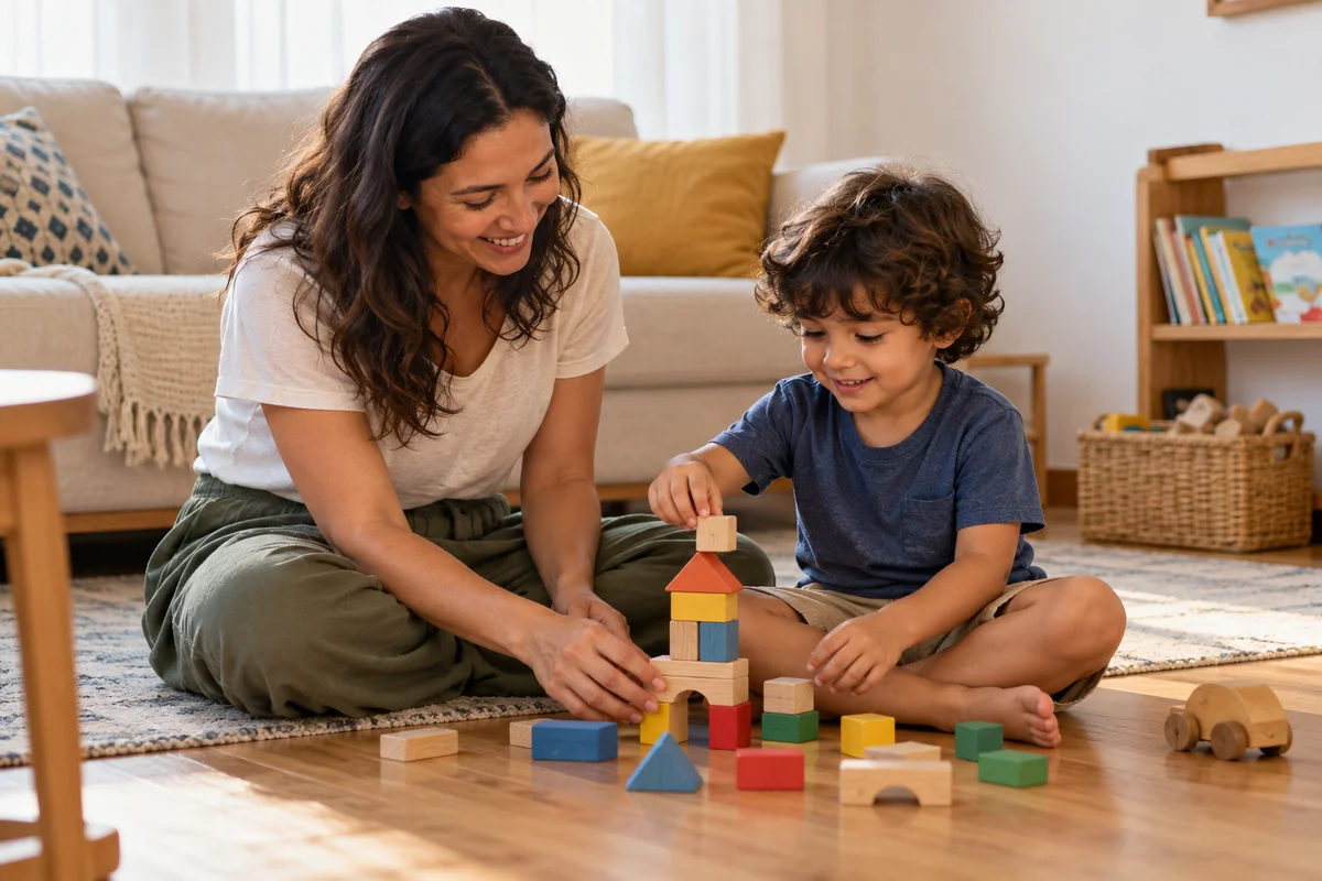Mãe e criança montando blocos de madeira no chão de uma sala organizada.