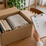 Caixa aberta com livros e tecido, ao lado de uma lista de conferência em uma prancheta.
