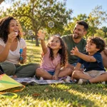 Outubro com as crianças em Aracaju: imagem ilustrativa de uma família brincando com bolhas de sabão.