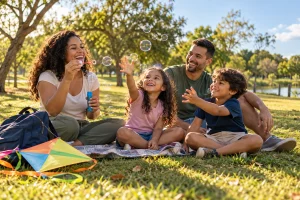 Outubro com as crianças em Aracaju: imagem ilustrativa de uma família brincando com bolhas de sabão.