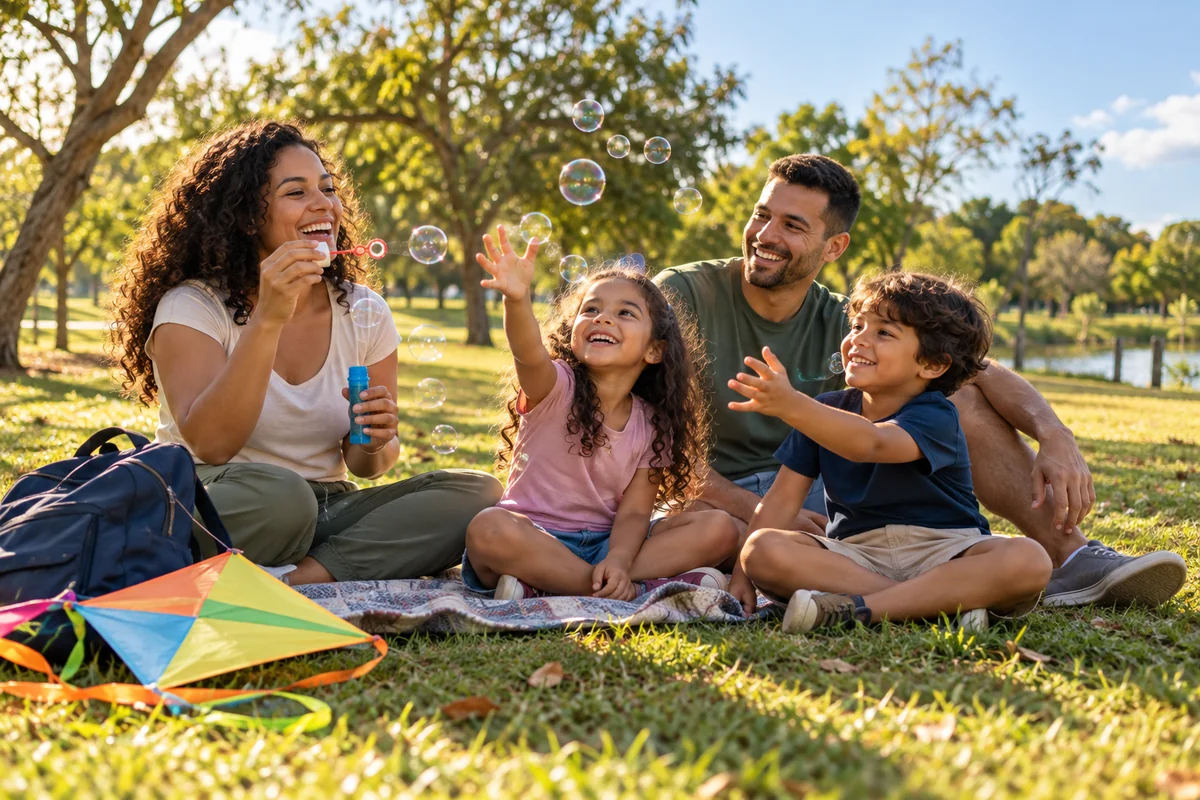 Outubro com as crianças em Aracaju: imagem ilustrativa de uma família brincando com bolhas de sabão.